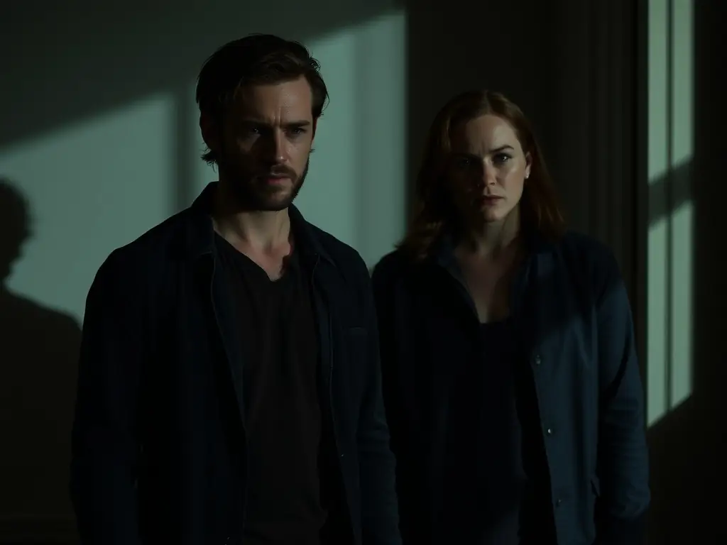 A dramatic scene from a thriller film, featuring intense lighting, suspenseful music, and actors in a high-stakes situation.