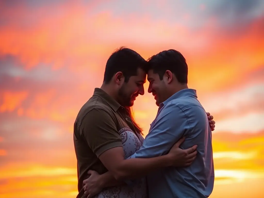 A heartwarming scene from a romantic drama, set against a beautiful sunset, with actors portraying deep emotions and connection.